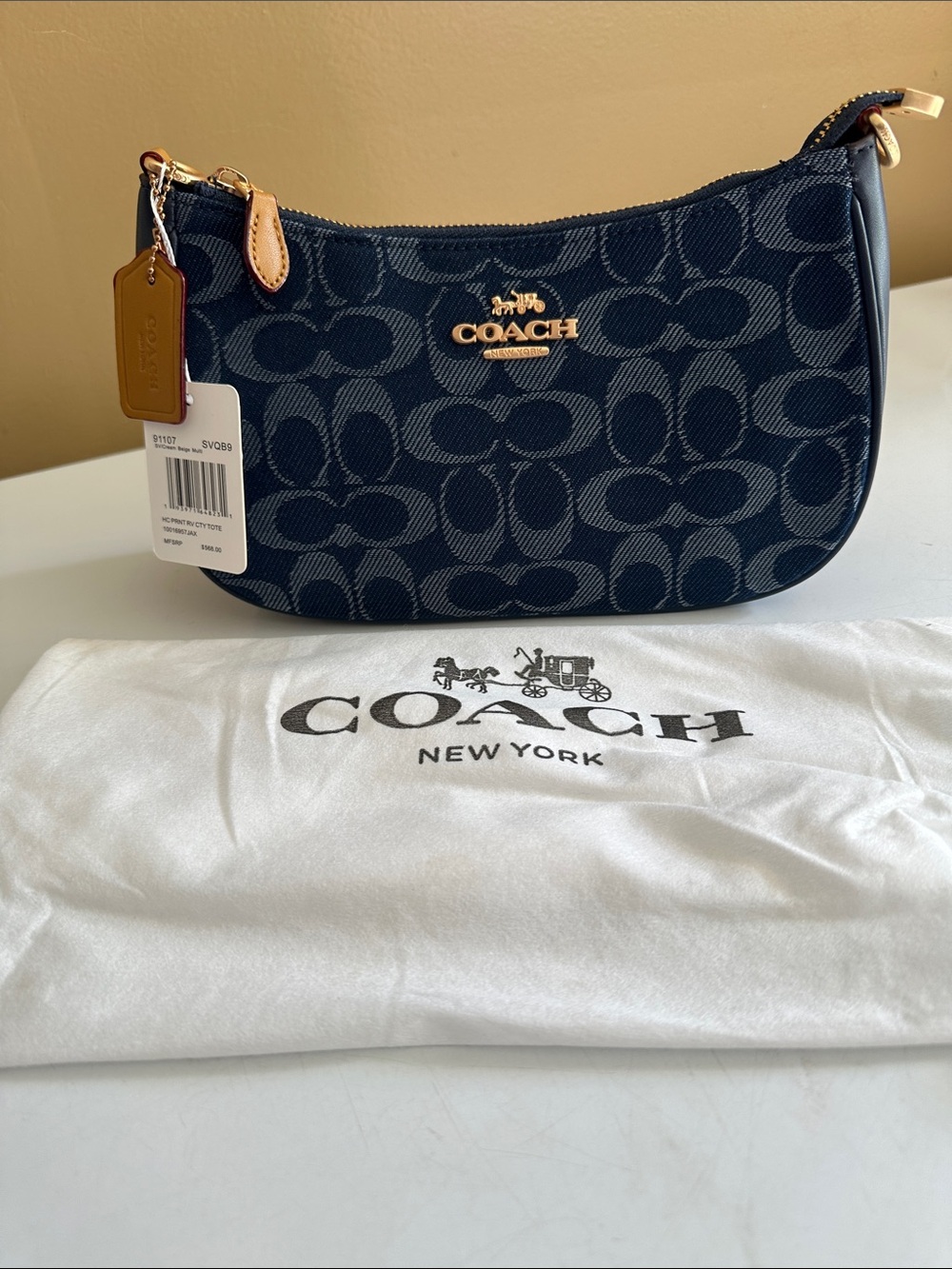 Coach Navy Signature Key & Card Holder with Gold Logo